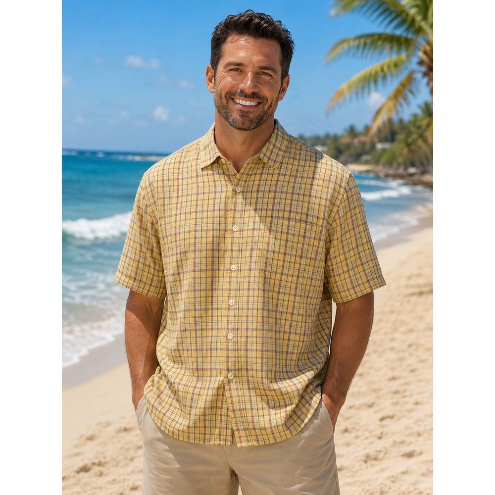 Bugatchi Uomo Men's Large Yellow & Red Plaid Short Sleeve Shirt -323